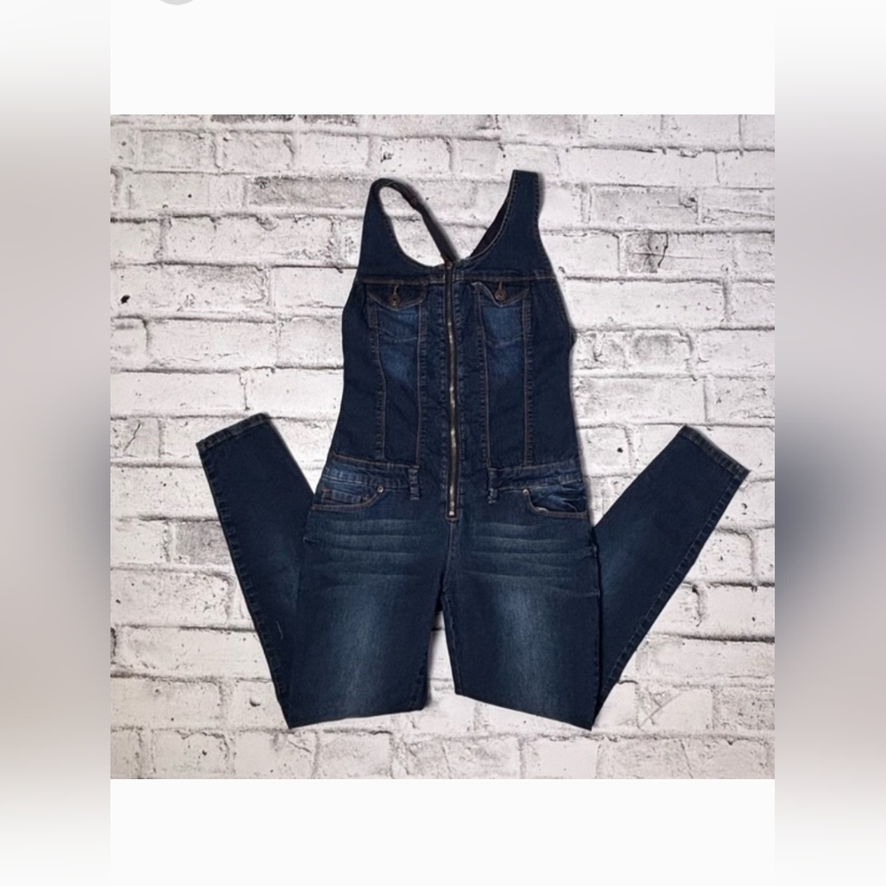 Bluenotes Denim Overalls Jumpsuit Zip Front Fitted Dark Wash - Size Small - Picture 7 of 12